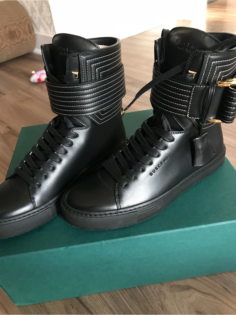 Buscemi Black High-Top Leather Sneakers with Gold Buckle